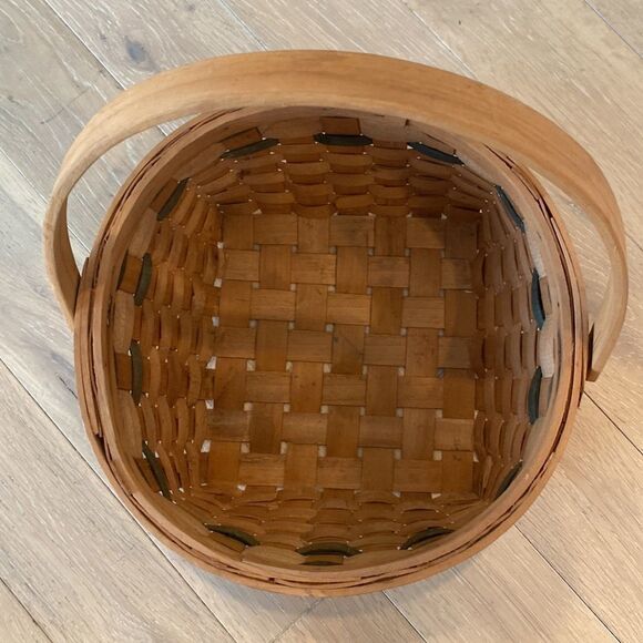 Vintage Basket Woven Wood Slat Hinged Handle Apple Design Green Accent 8.5x10” - Picture 6 of 16